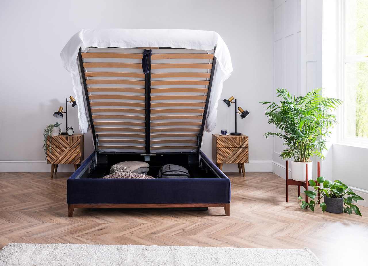 blue velvet king size storage bed